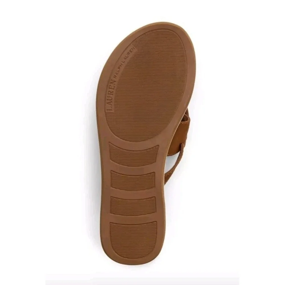 RALPH LAUREN Womens Size 9 Flat Sandal Roselind Tan Leather Shoes Gold Logo NEW